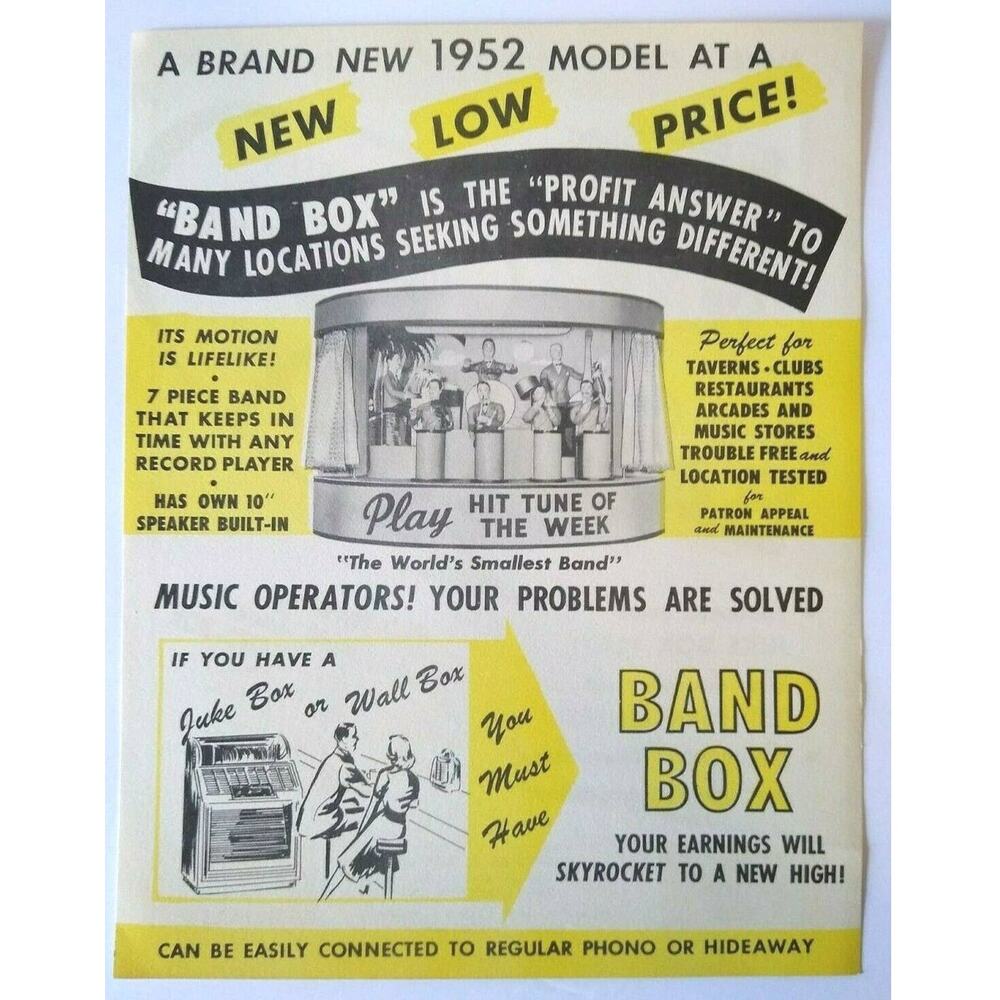 Chicago Coin Band Box Jukebox Flyer 1952 Original Animated Manikin Musicians NOS